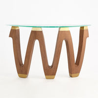 Wave Console, shown in warm medium brown and clear glass with wood, glass, and demi-lune wall-oriented footprint.