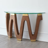 Alternate view of Wave Console, featuring polished brass caps, wood, glass, and demi-lune wall-oriented footprint.