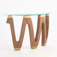 Additional view of Wave Console, featuring polished brass caps, wood, glass, and demi-lune wall-oriented footprint.