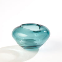Additional view of Undulating Vase in teal and aqua blue, featuring glossy finish and open top vessel.
