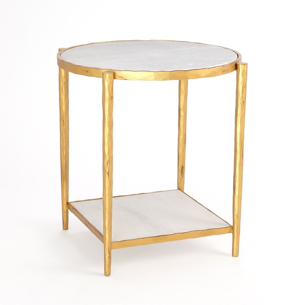 Circle/Square Side Table, shown in gold and white with metal, stone, and two-tier open storage.