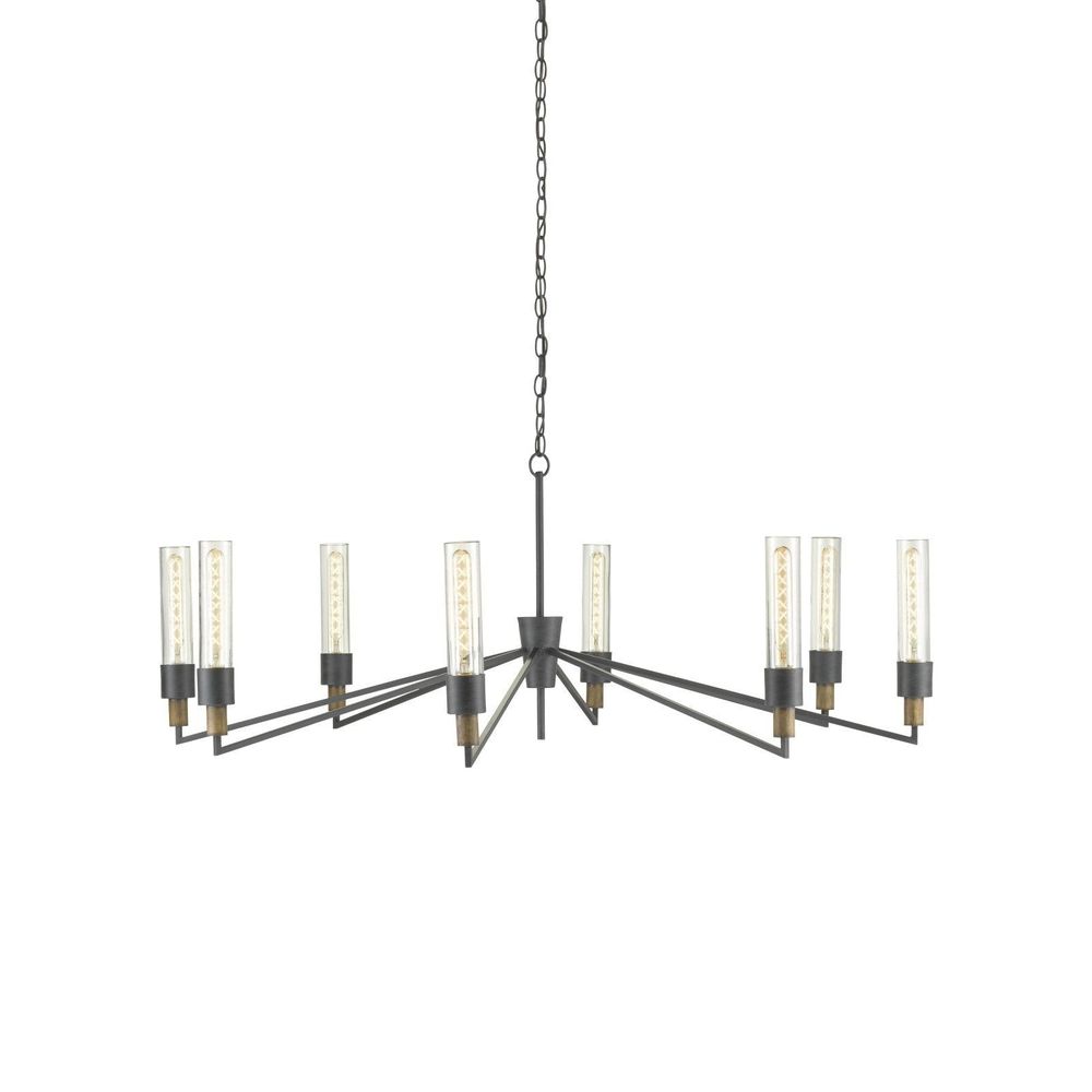 Delgado Black Chandelier, shown in black and dark gunmetal with metal, glass, and chain-hung ceiling suspension.