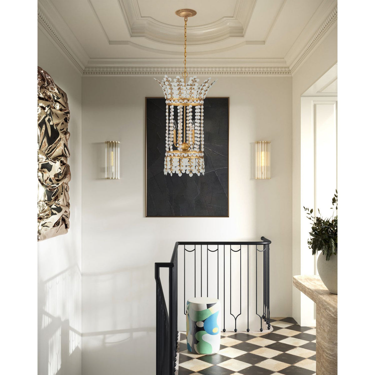 Alternate view of Bradshaw Lantern, featuring frosted glass finish, wrought iron, crystal, and a chain-hung ceiling canopy.