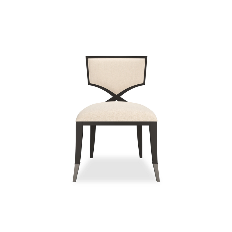 First Dining Chair, shown in cream and dark espresso with fabric, wood, and armless.