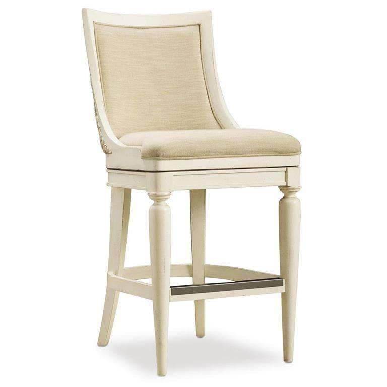 Sand Barstool, shown in ivory and cream with wood, fabric, and a swivel seat.