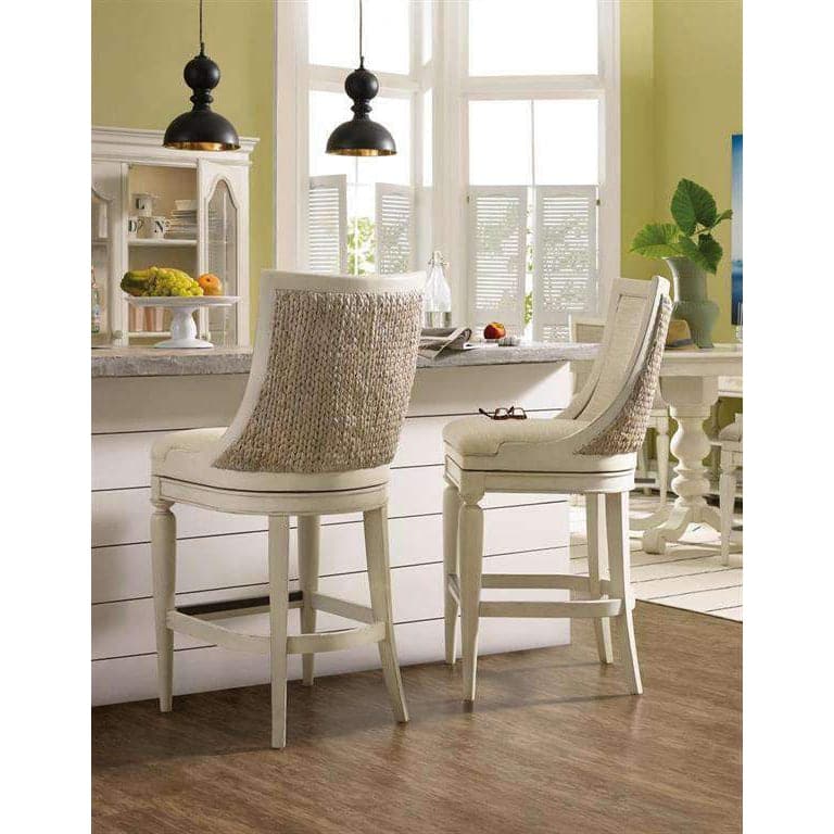 Alternate view of Sand Barstool, featuring painted distressed, wood, fabric, and a swivel seat.