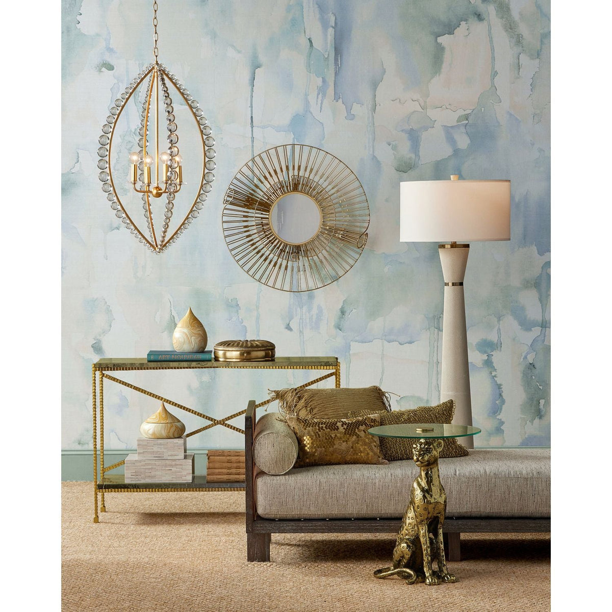 Additional view of Bacall Accent Table, featuring spotted patina, cast metal, glass, and a sculptural animal base.