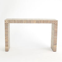 Sienna Console, shown in warm brown and cream with wood, bone or resin inlay, and open console span.