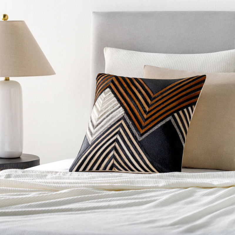 Alternate view of Nashville Pillow, featuring pieced patchwork finish, cowhide, hair-on-hide, and soft filled cushion form.