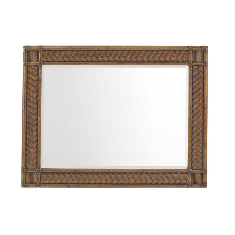 Sunrise Landscape Mirror, shown in warm medium brown and amber brown with rattan and bamboo-style wood.