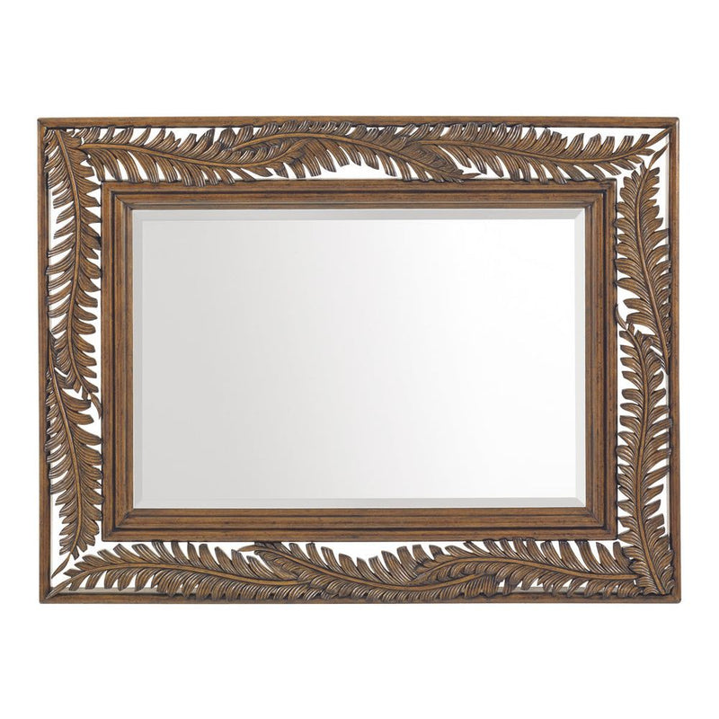 Seabrook Landscape Mirror, shown in warm medium brown and golden brown with carved wood, glass, and a wall-mountable frame.