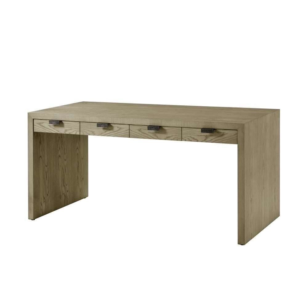 Catalina Desk, shown in light taupe-beige and medium brown-gray with figured ash wood, metal, and four front drawers.
