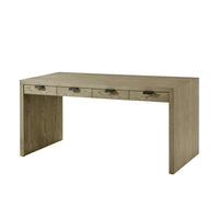 Catalina Desk, shown in light taupe-beige and medium brown-gray with figured ash wood, metal, and four front drawers.
