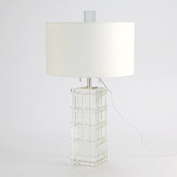 Crystal Plaid Lamp, shown in clear and white with crystal, fabric, and a table lamp base.