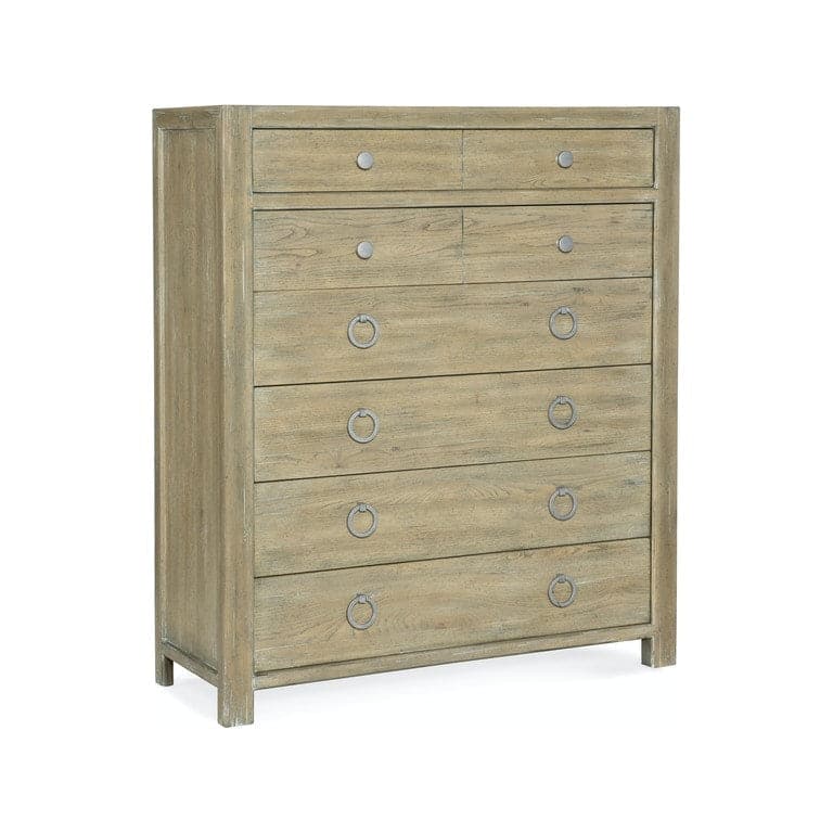 Surfrider Six-Drawer Chest, shown in weathered taupe and sandy beige with wood, metal, and six drawers for storage.