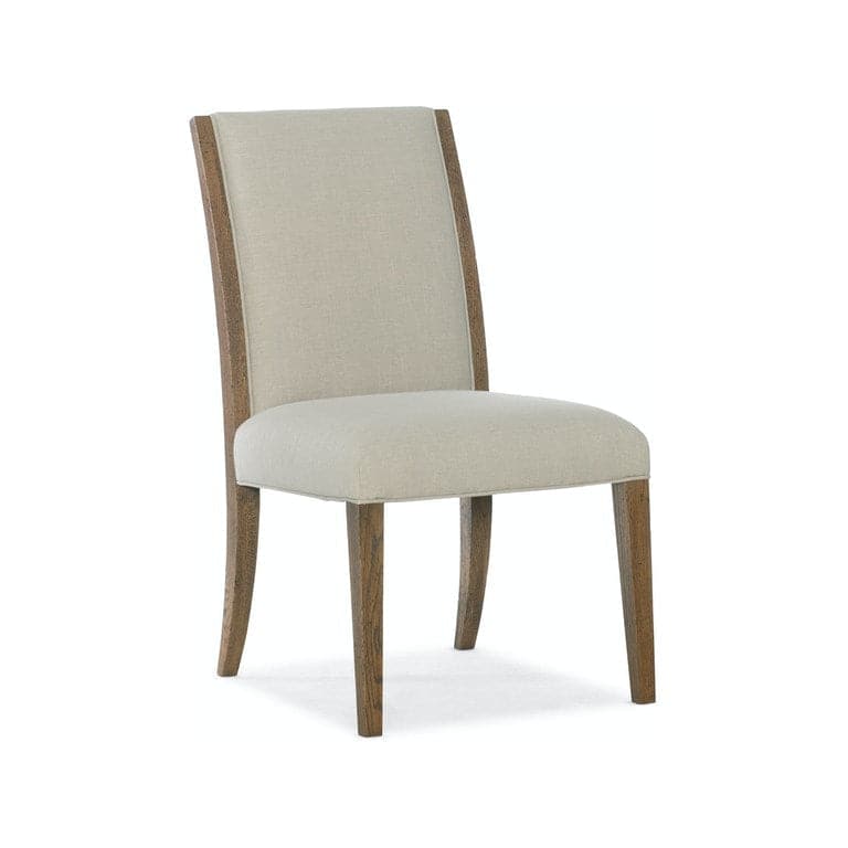 Chapman Upholstered Side Chair, shown in beige and medium brown with wood, fabric upholstery, and armless side chair.