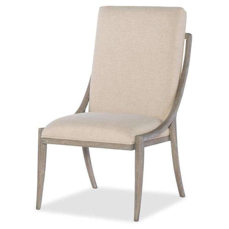 Affinity Slope Side Chair, shown in beige and gray with fabric, wood, and fixed open arms.