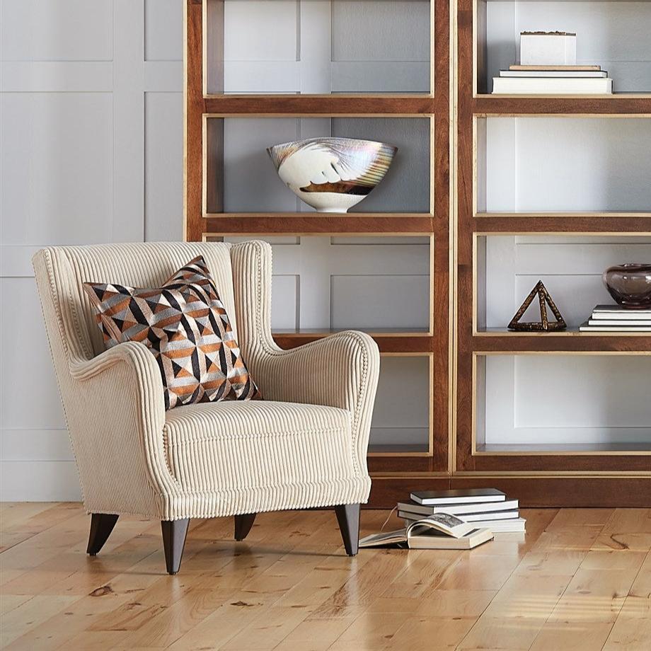 Alternate view of Lounge Chair, featuring ribbed textile finish, corduroy fabric, wood, and fixed arms.