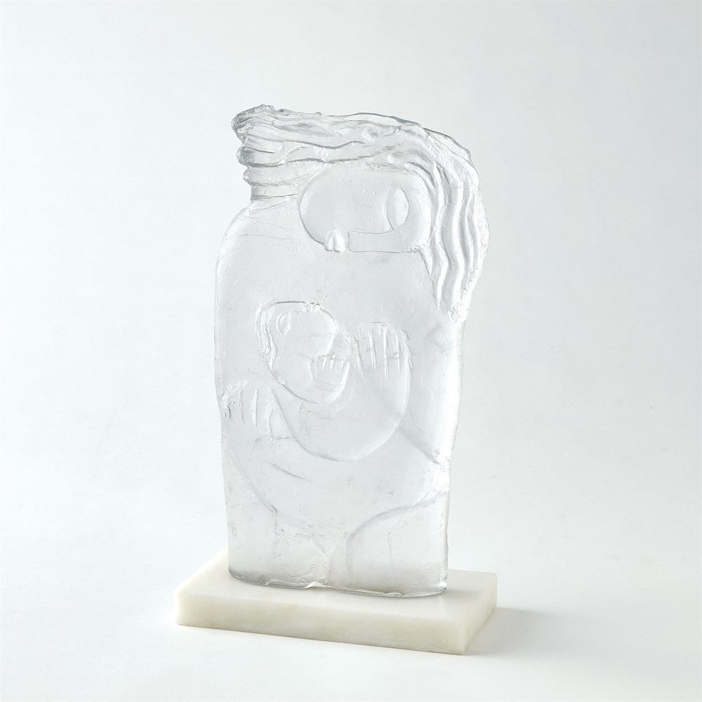 Mother and Child Case Glass Sculpture, shown in clear and colorless with cast glass and stone base.