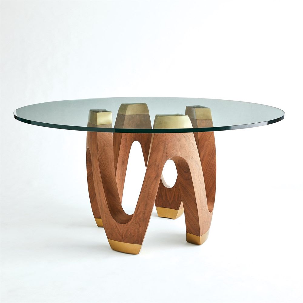 Wave Dining Table, shown in warm walnut brown and clear glass with wood, tempered glass, and a round glass dining surface.