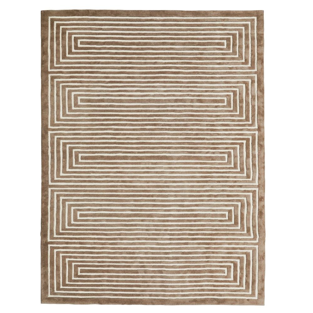 Latitudes High Contrast Rug, shown in taupe and beige with wool, tufted fiber, and a soft plush pile surface.