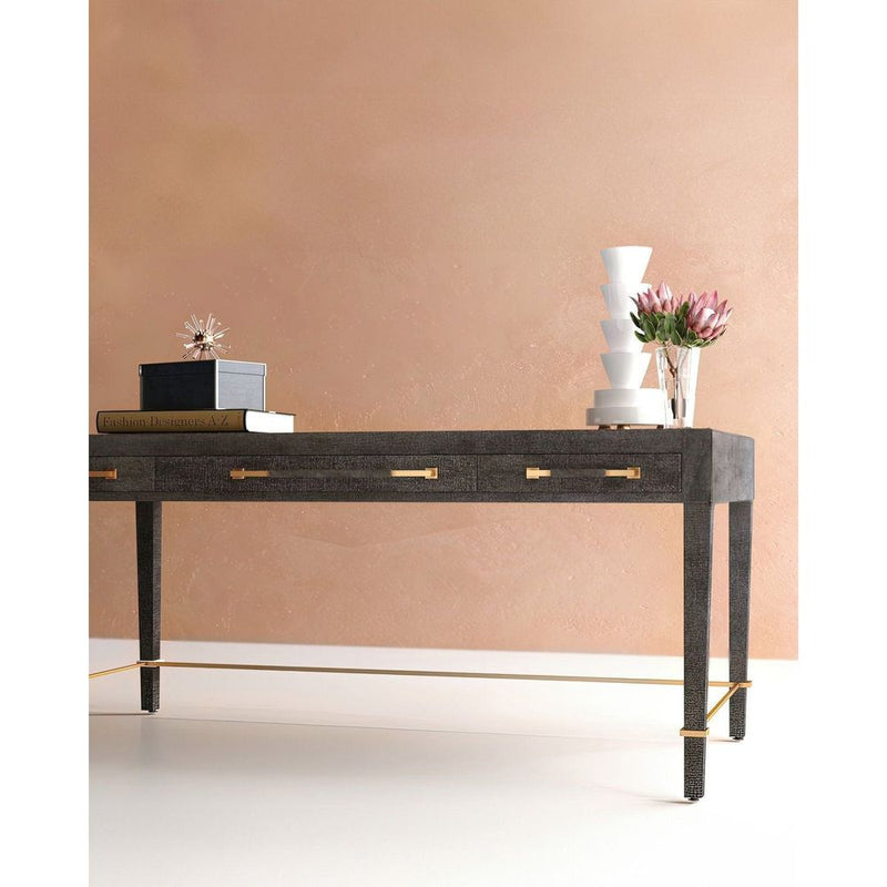 Alternate view of Verona Black Desk, featuring champagne metal finish, wood, linen wrap, and three front drawers.