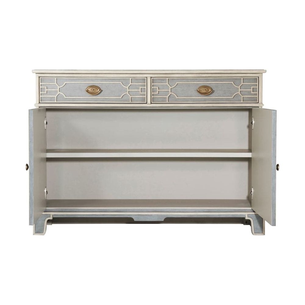 Alternate view of Morning Room Side Cabinet, featuring painted finish, wood, brass hardware, and two upper drawers.
