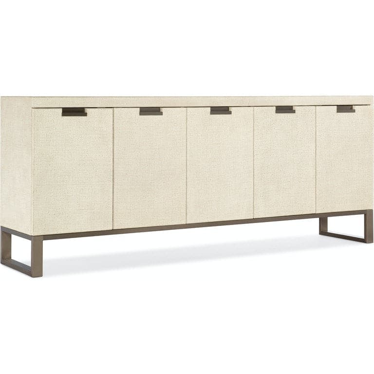 Cascade Server, shown in ivory and beige with textured woven fabric, metal, and five-door storage cabinet.