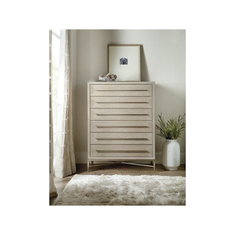 Alternate view of Cascade Six-Drawer Chest, featuring visible open grain, wood, metal, and six full-width drawers.