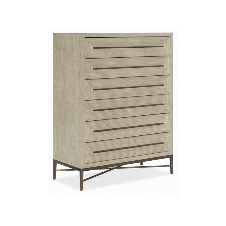 Cascade Six-Drawer Chest, shown in light greige and warm taupe with wood, metal, and six full-width drawers.
