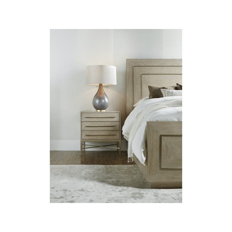 Alternate view of Cascade Three-Drawer Nightstand, featuring matte finish, wood, metal, and three stacked drawers.