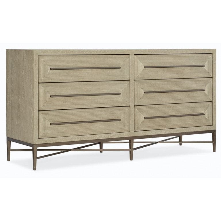 Cascade Six-Drawer Dresser Taupe Finish, shown in taupe and light beige with wood, metal, and six drawers.