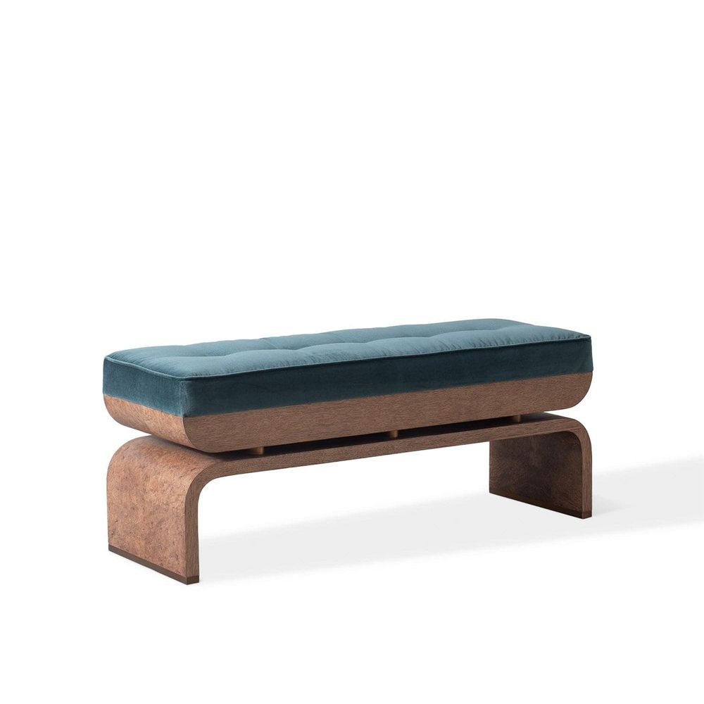 Additional view of Ives Bench in teal and medium walnut brown, featuring soft pile upholstery and fixed bench seating.