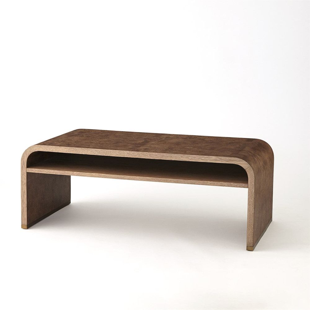 Alternate view of Ives Cocktail Table, featuring metal foot caps, wood veneer, burl wood, and integrated lower open shelf.