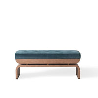 Ives Bench, shown in teal and medium walnut brown with velvet fabric, wood, and fixed bench seating.