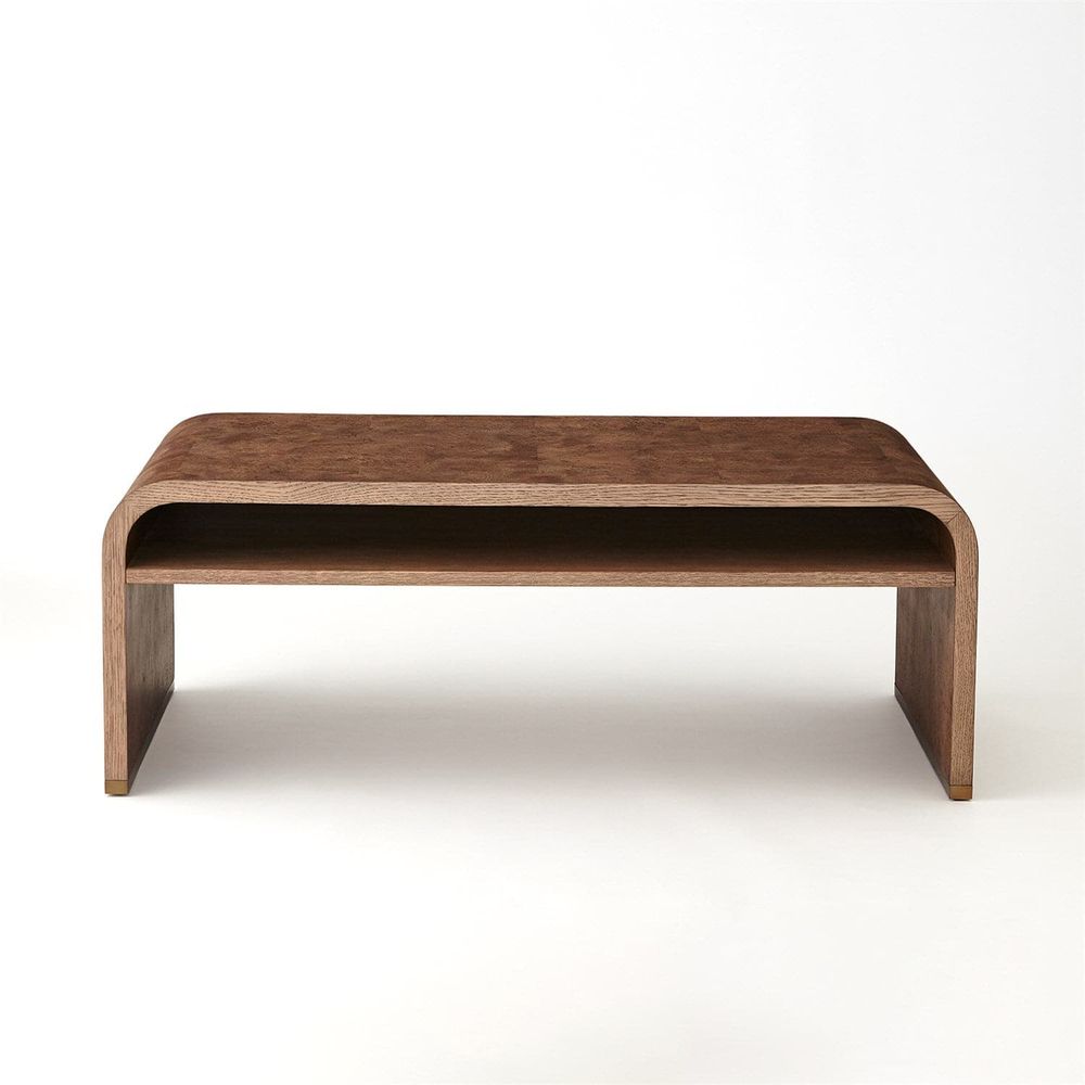Ives Cocktail Table, shown in medium brown and warm walnut brown with wood veneer and burl wood.