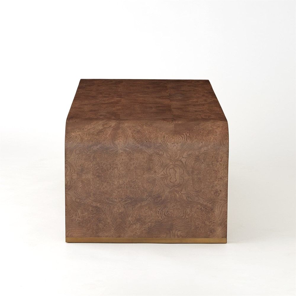 Additional view of Ives Cocktail Table, featuring metal foot caps, wood veneer, burl wood, and integrated lower open shelf.
