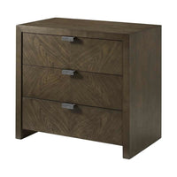 Alternate view of Catalina Three Drawer Nightstand, featuring figured ash wood, textured metal, and three full-width drawers.