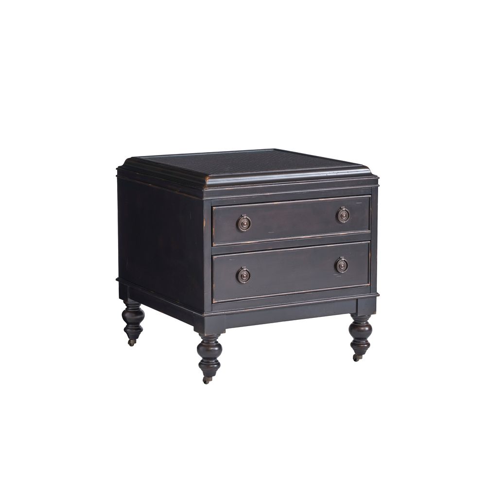 Nelson End Table, shown in black and espresso brown with wood and woven rattan or cane.