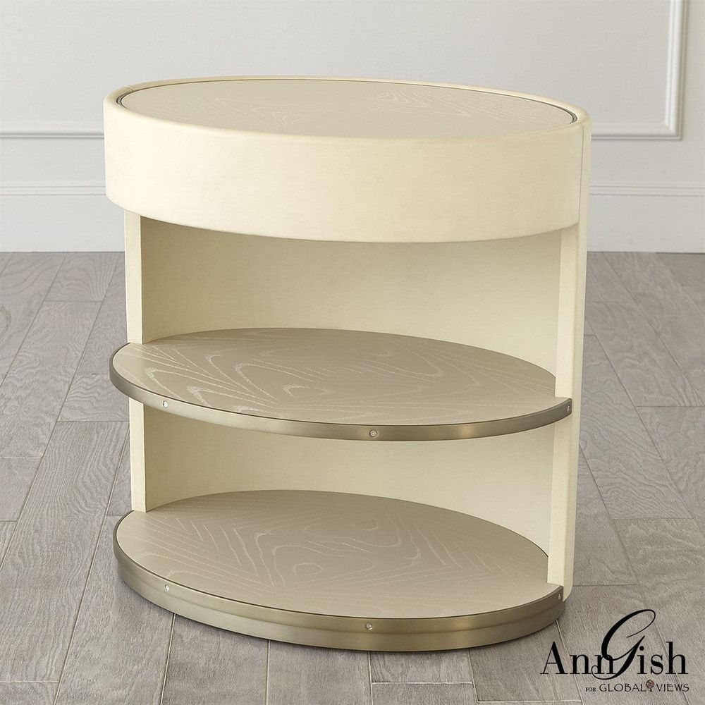 Ellipse Bedside Cabinet, shown in cream and beige with wood, metal, and integrated storage drawer with curved front.