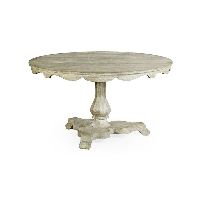 Alternate view of Overbury Grey Oak Dining Table, featuring distressed, oak wood, and a central pedestal base.