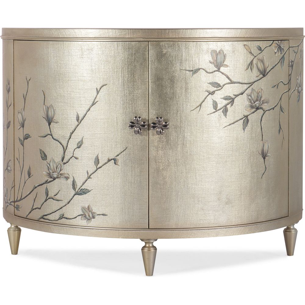 Marguerite Two Door Demilune Chest, shown in champagne silver and antique gold with wood and metal.