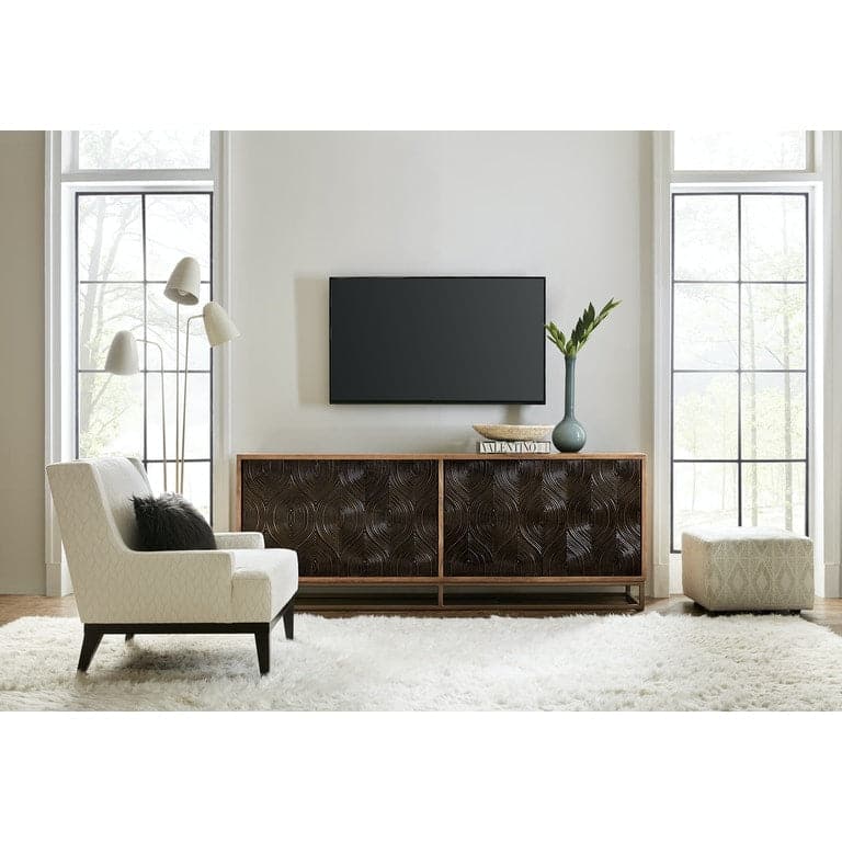 Alternate view of Swirl Door Entertainment Console in natural light brown wood and dark bronze.