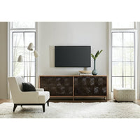 Alternate view of Swirl Door Entertainment Console in natural light brown wood and dark bronze.