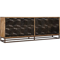 Swirl Door Entertainment Console, shown in natural light brown wood and dark bronze with solid wood and wood veneer.