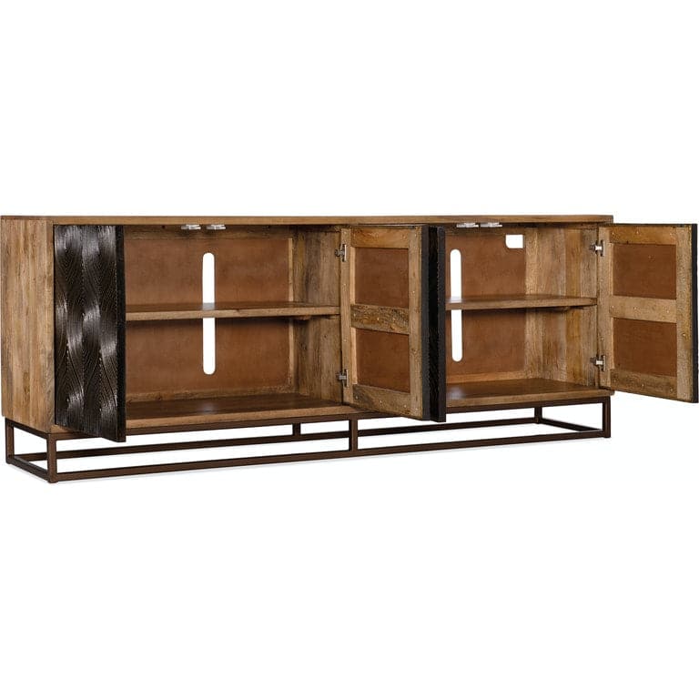 Additional view of Swirl Door Entertainment Console in natural light brown wood and dark bronze.