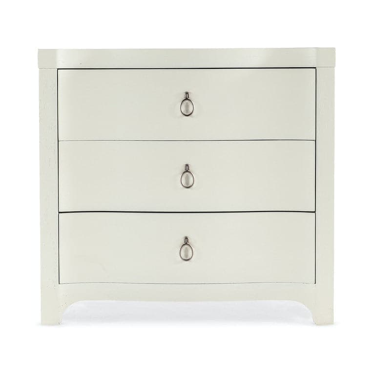 Additional view of Antigua Three Drawer Nightstand, featuring whitewashed, wood, metal, and three full-width drawers.