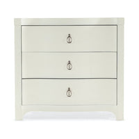 Additional view of Antigua Three Drawer Nightstand, featuring whitewashed, wood, metal, and three full-width drawers.