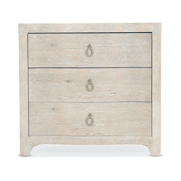 Alternate view of Antigua Three Drawer Nightstand, featuring whitewashed, wood, metal, and three full-width drawers.