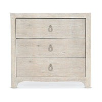 Alternate view of Antigua Three Drawer Nightstand, featuring whitewashed, wood, metal, and three full-width drawers.